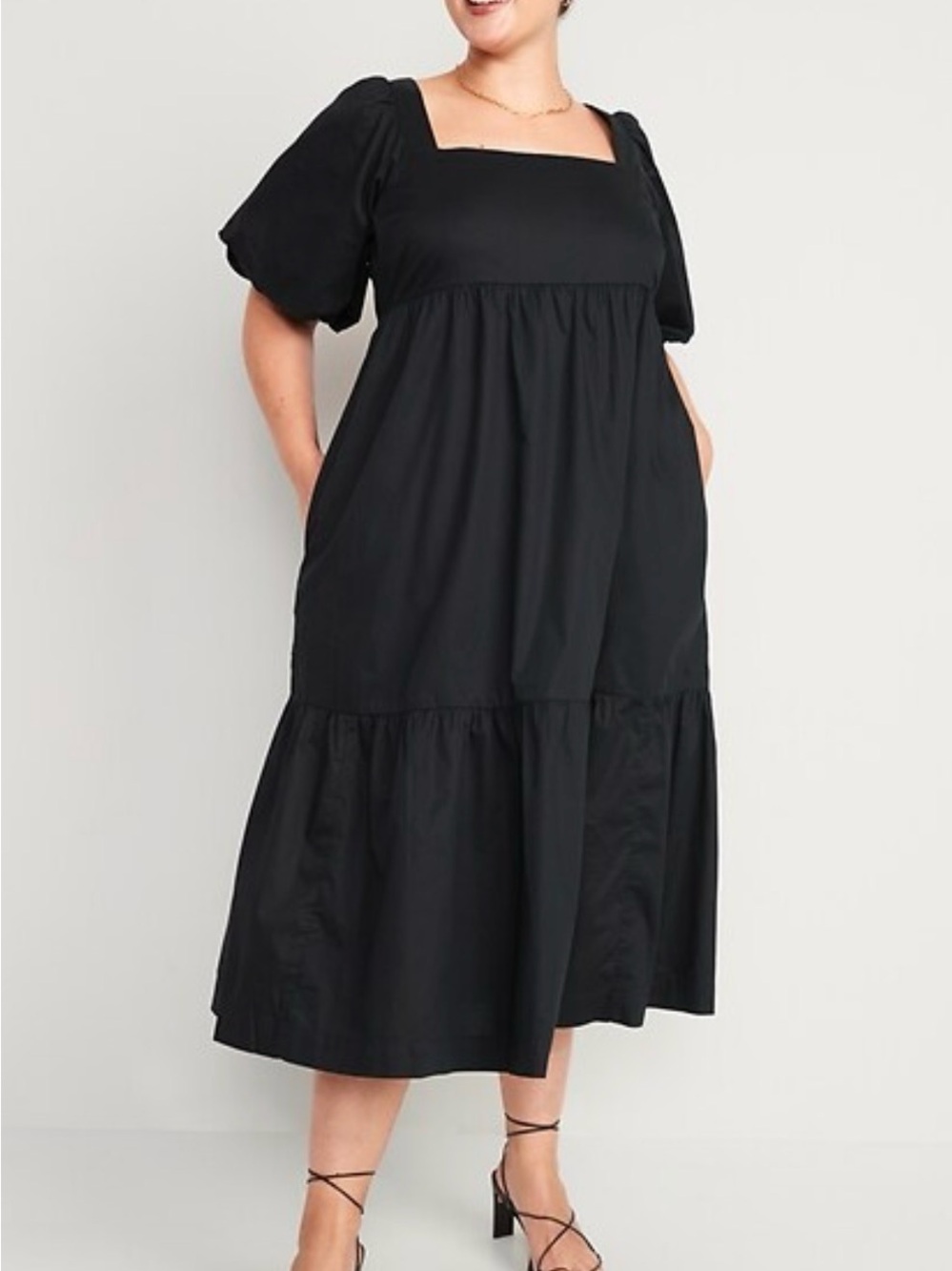 Old Navy Black Puff-Sleeve Tiered Midi Dress